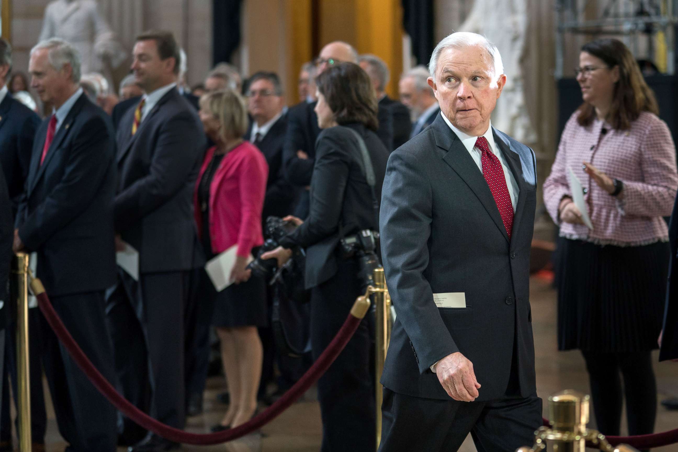 PHOTO: Attorney General Jeff Sessions attends a ceremony honoring Reverend Billy Graham as he lies in repose at the U.S. Capitol, Feb. 28, 2018, in Washington, DC.