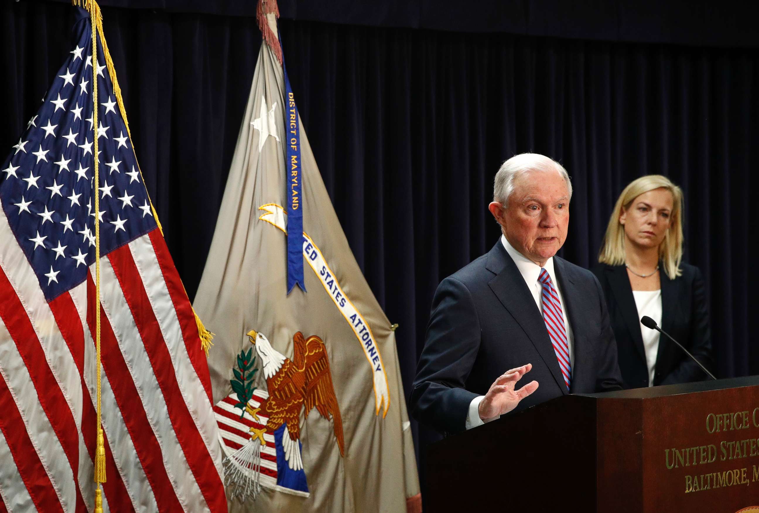 PHOTO: Attorney General Jeff Sessions speaks alongside Secretary of Homeland Security Kirstjen Nielsen during a news conference in Baltimore, Dec. 12, 2017, to announce efforts to combat the MS-13 street gang with law enforcement and immigration actions.