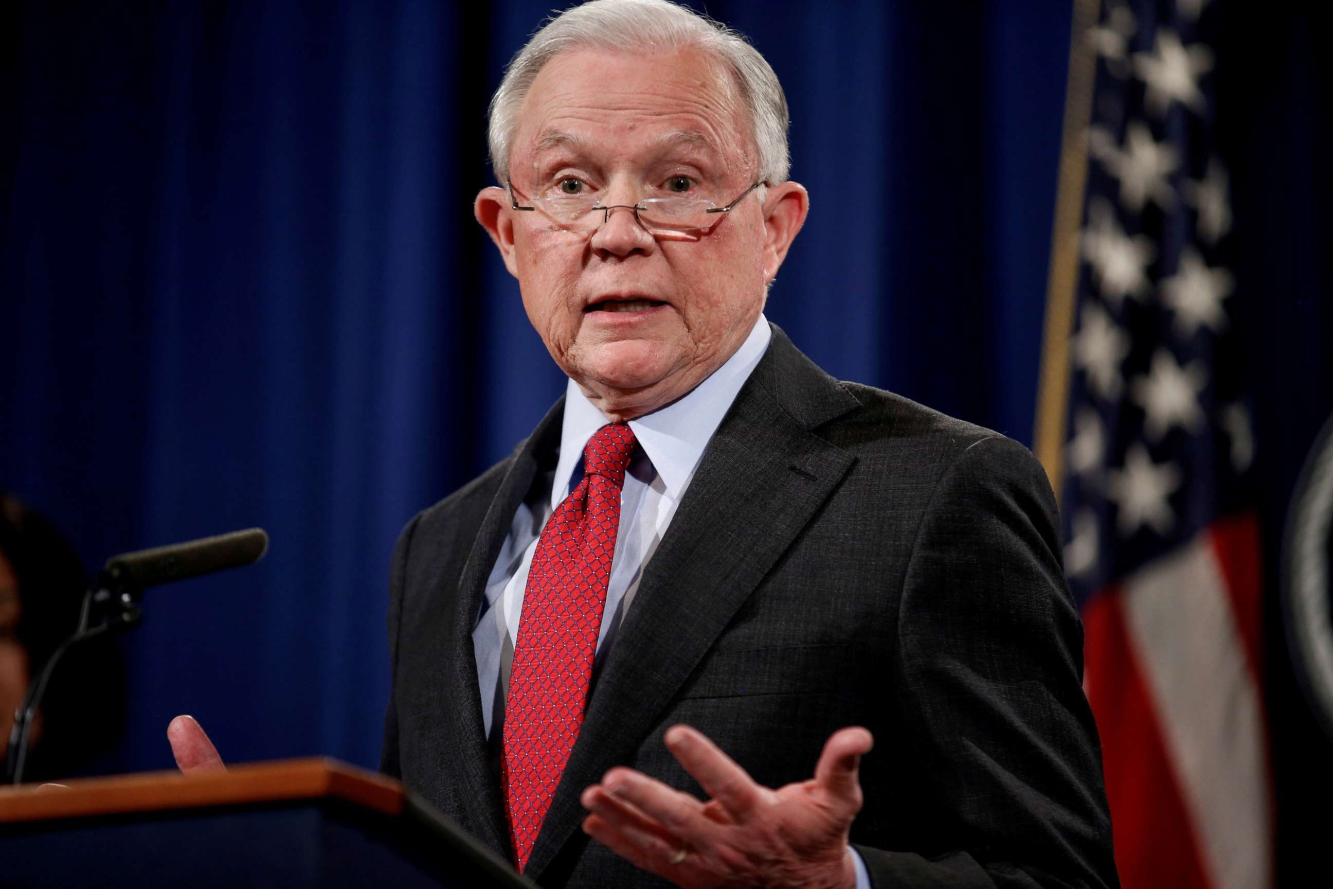 PHOTO: U.S. Attorney General Jeff Sessions speaks during a news conference at the Department of Justice in Washington, Dec. 15, 2017.