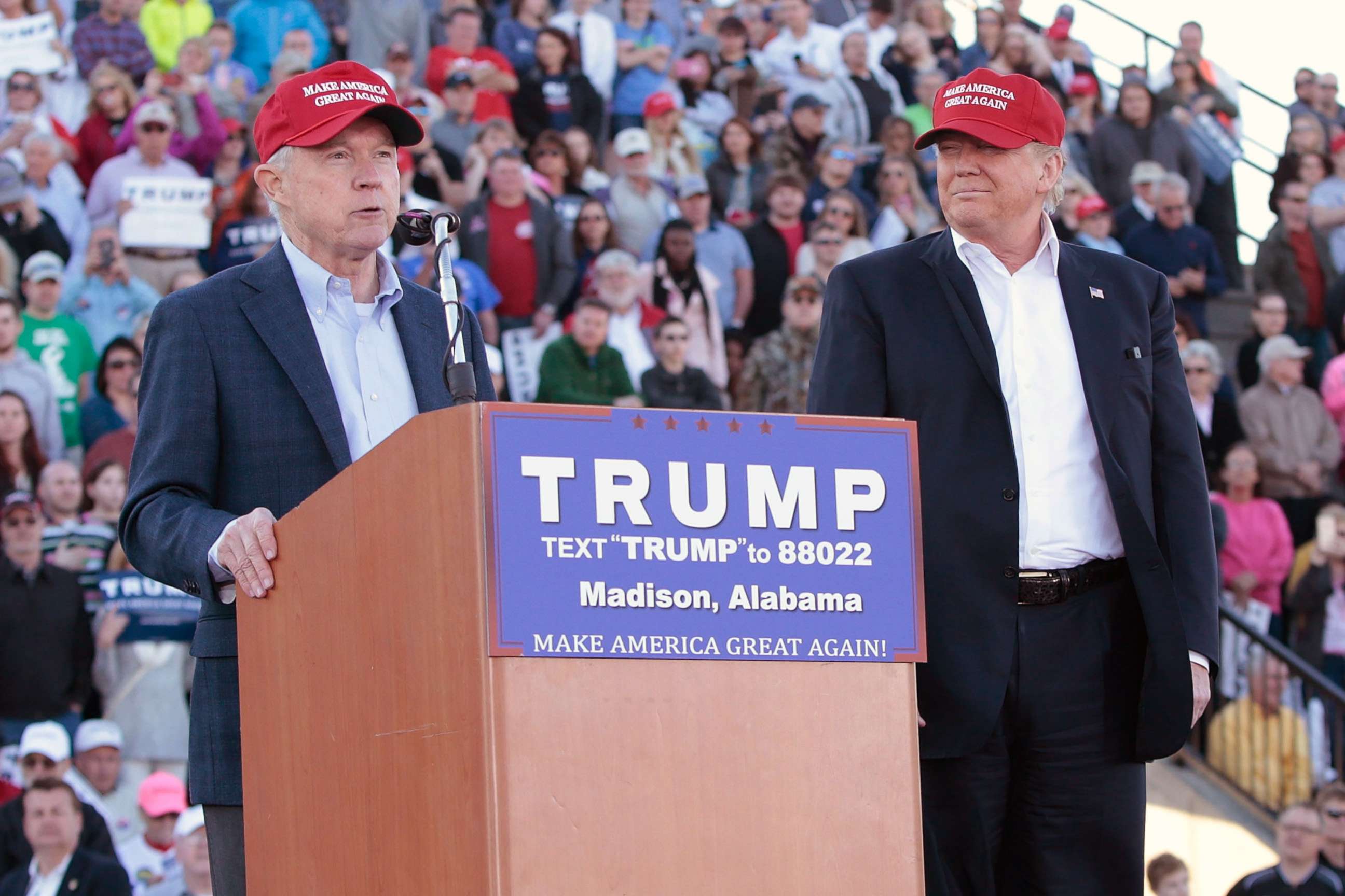 PHOTO: Senator Jeff Sessions becomes the first Senator to endorse Donald Trump for President of the United States at Madison City Stadium on Feb. 28, 2016 in Madison, Alabama.