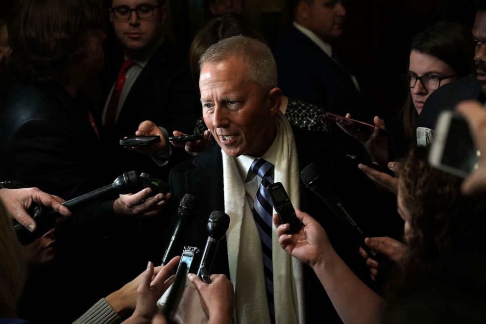 PHOTO: In this Nov. 28, 2019, file photo, U.S. Rep.-elect Jeff Van Drew speaks to members of the media outside a closed House Democrats organizational meeting at Longworth House Office Building in Washington, DC.