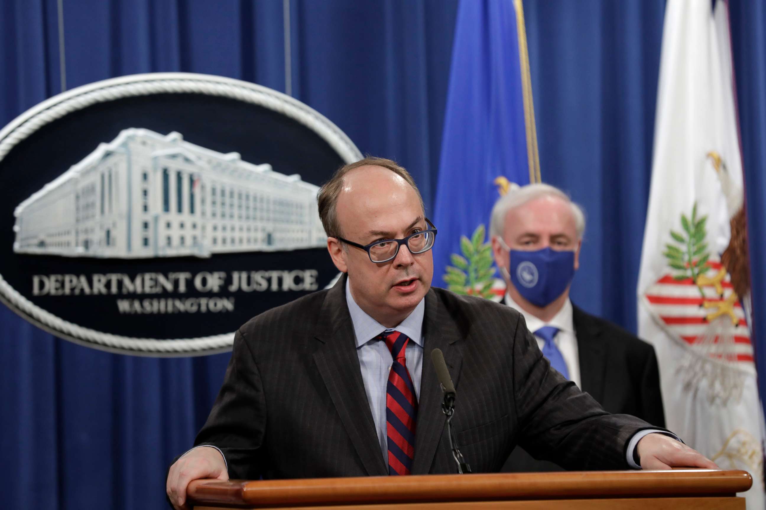 PHOTO: In this Oct. 21, 2020, file photo, Jeffrey Clark, acting assistant attorney general, left, speaks beside Jeffrey Rosen, deputy attorney general, during a news conference at the Department of Justice in Washington, D.C.