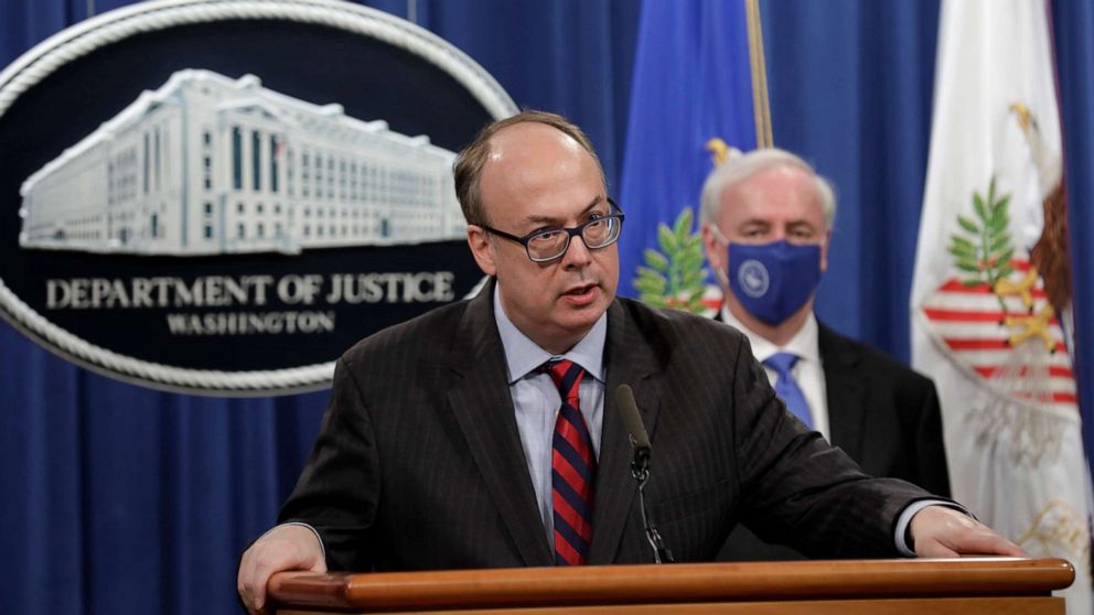 PHOTO: In this Oct. 21, 2020, file photo, Jeffrey Clark, acting assistant attorney general, left, speaks beside Jeffrey Rosen, deputy attorney general, during a news conference at the Department of Justice in Washington, D.C.
