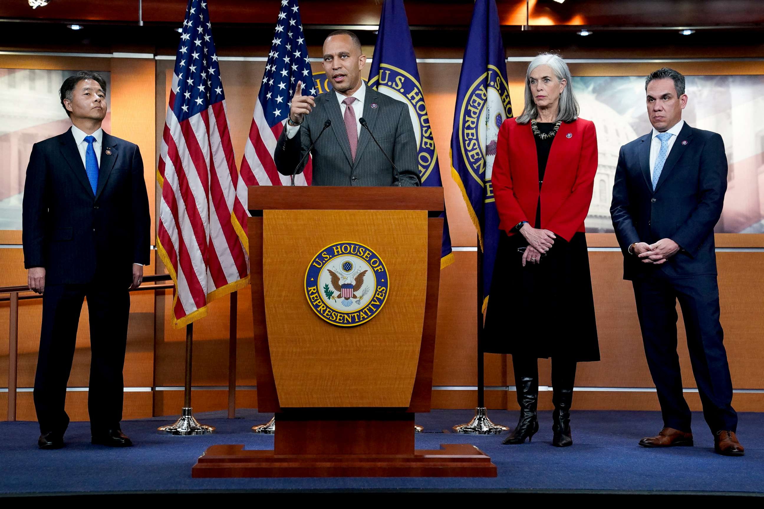 PHOTO: Incoming Democratic Leader Hakeem Jeffries, Democratic Whip Katherine Clark, Democratic Caucus Chair Pete Aguilar and Democratic Caucus Vice Chair Ted Lieu hold a press conference on Capitol Hill in Washington, Dec. 13, 2022.