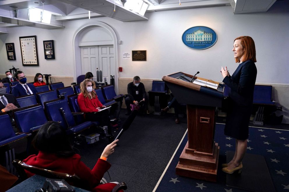 PHOTO: White House press secretary Jen Psaki speaks during a press briefing at the White House, Feb. 12, 2021.