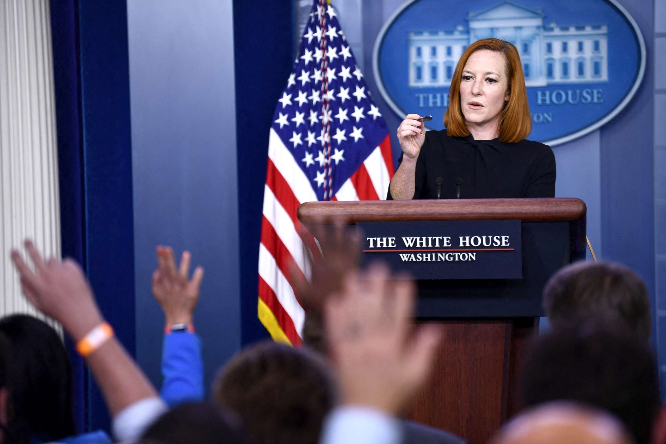 PHOTO: White House Press Secretary Jen Psaki speaks during the daily press briefing in the Brady Briefing Room of the White House in Washington, D.C. Sept. 30, 2021.