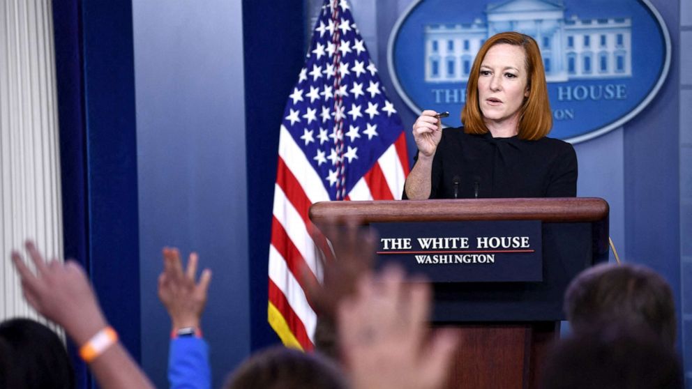 PHOTO: White House Press Secretary Jen Psaki speaks during the daily press briefing in the Brady Briefing Room of the White House in Washington, D.C. Sept. 30, 2021.