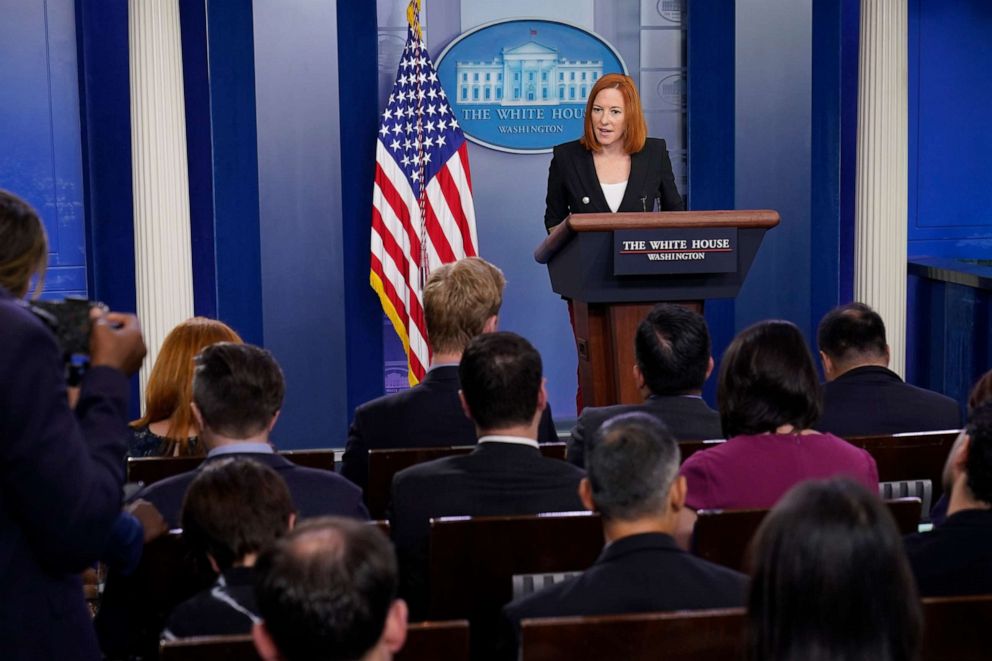 PHOTO: White House press secretary Jen Psaki speaks during the daily briefing at the White House in Washington, July 20, 2021.