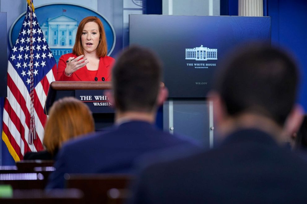 PHOTO: White House press secretary Jen Psaki speaks during a press briefing at the White House, April 12, 2021, in Washington.