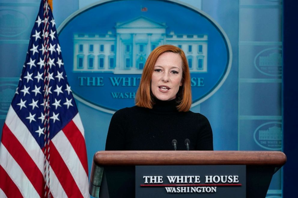 PHOTO: White House press secretary Jen Psaki speaks during the daily briefing at the White House in Washington, April 18, 2022.