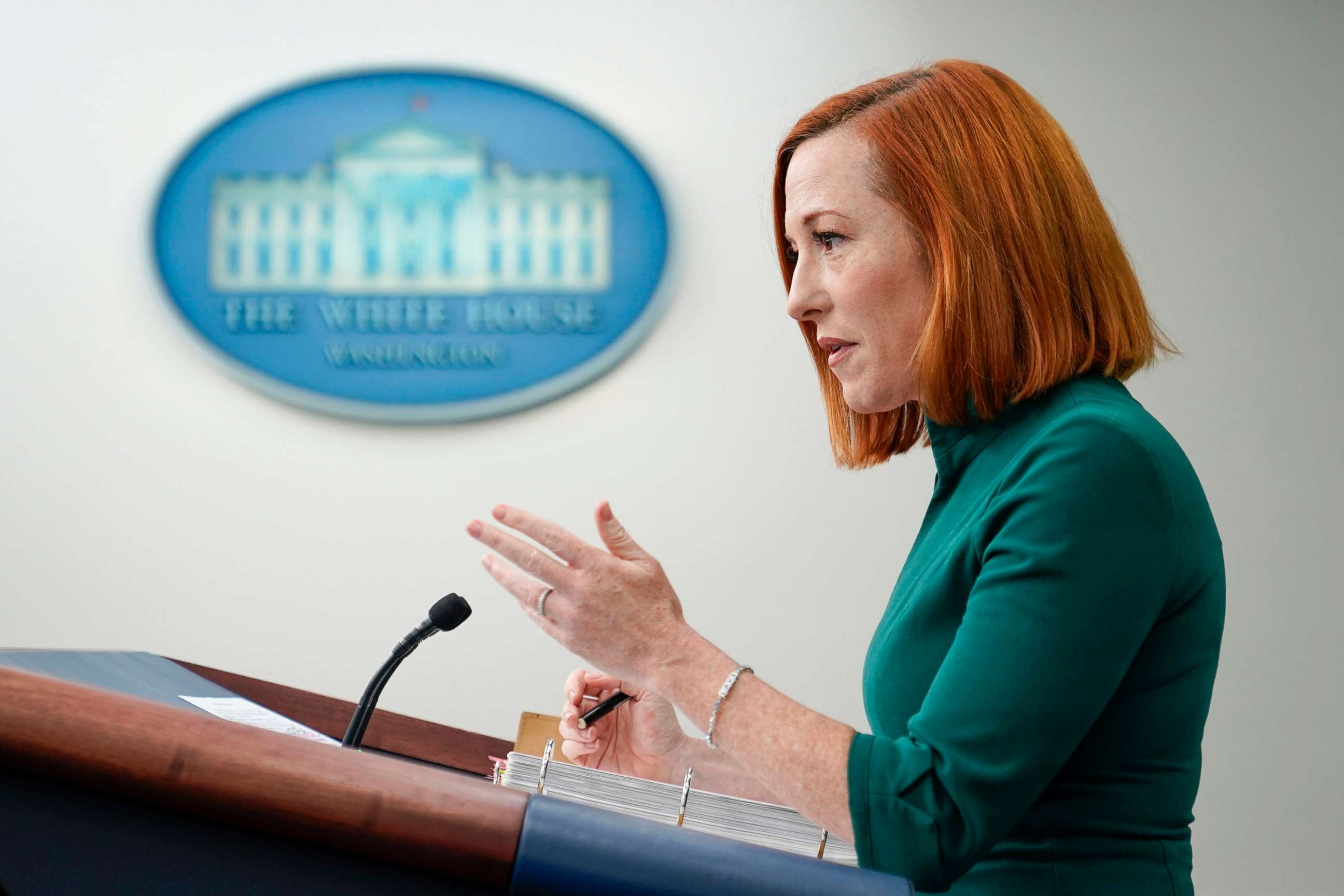 PHOTO: White House press secretary Jen Psaki speaks during a press briefing at the White House, on March 10, 2022, in Washington, D.C.