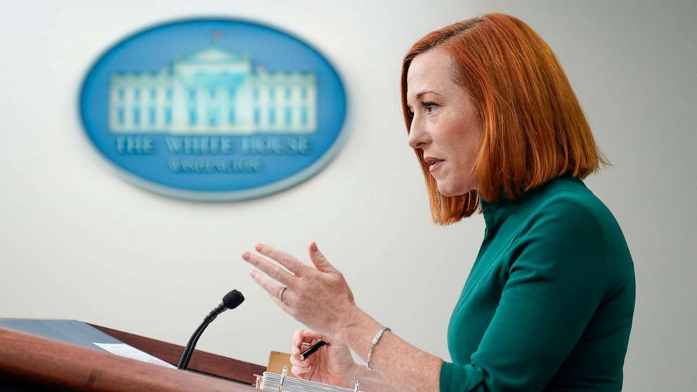 PHOTO: White House press secretary Jen Psaki speaks during a press briefing at the White House, on March 10, 2022, in Washington, D.C.