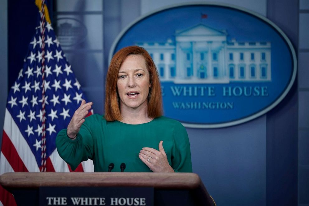 PHOTO: White House Press Secretary Jen Psaki speaks during the daily press briefing at the White House on March 15, 2021, in Washington, D.C.