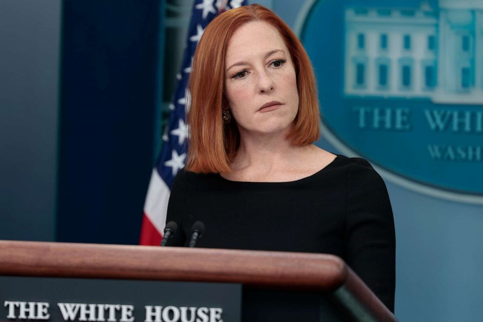 PHOTO: White House Press Secretary Jen Psaki speaks at a daily press conference in the James Brady Press Briefing Room of the White House on April 27, 2022, in Washington, D.C.