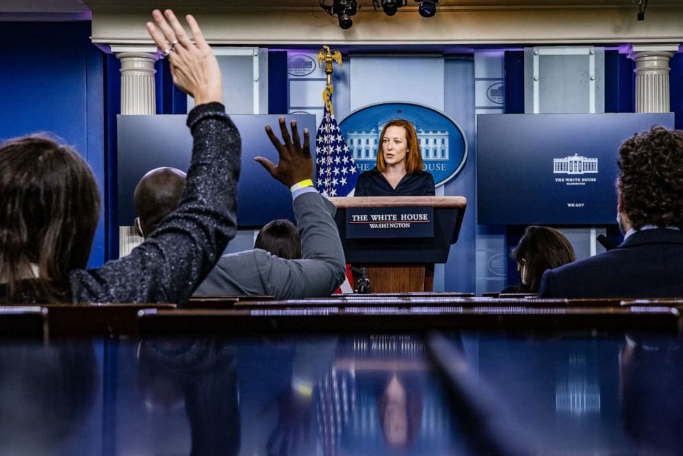 PHOTO: White House Press Secretary Jen Psaki speaks during the daily press briefing in the Brady Press Briefing Room at the White House, March 4, 2021, in Washington, D.C.