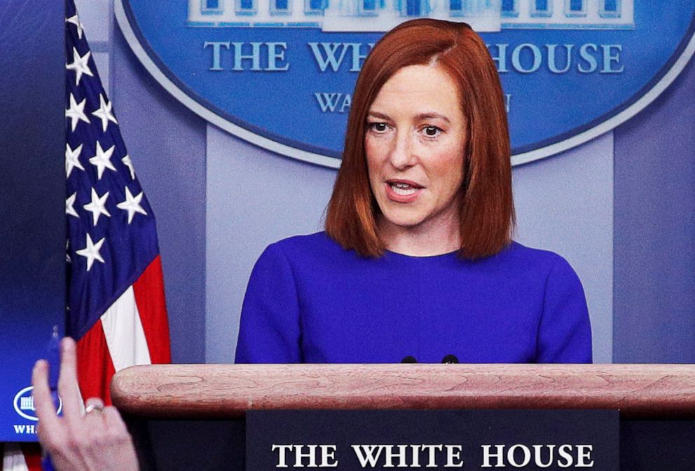 PHOTO: White House Press Secretary Jen Psaki takes questions from journalists in the James S Brady Press Briefing Room at the White House, after the inauguration of Joe Biden, Jan. 20, 2021.