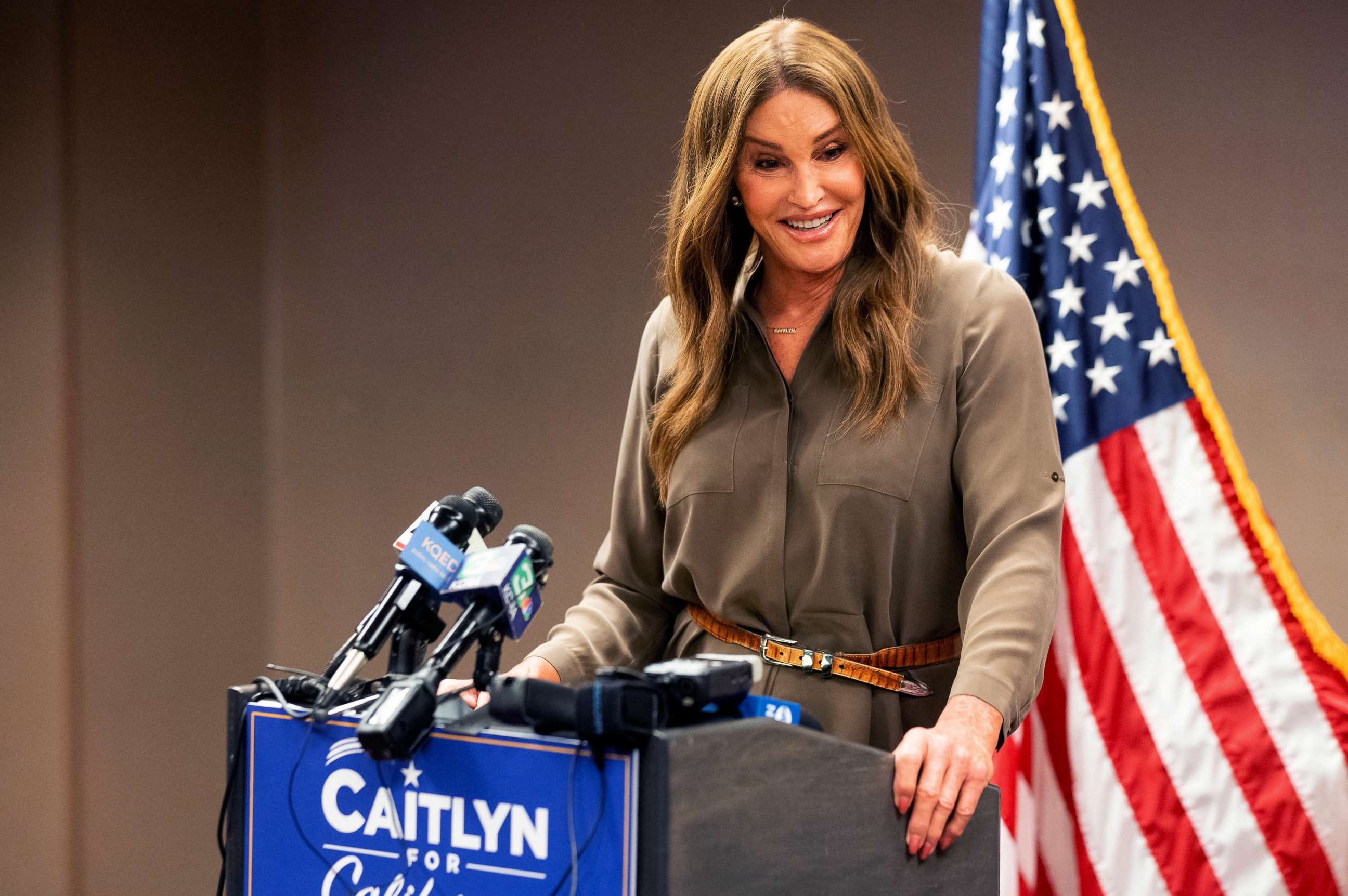 PHOTO: Caitlyn Jenner, a Republican candidate for California governor, speaks during a news conference in Sacramento, Calif., July 9, 2021.