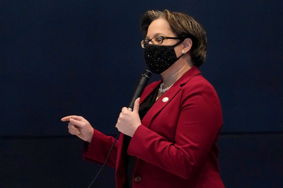 PHOTO: Virginia State Sen. Jennifer McClellan gestures during debate on a bill during the Senate session at the Science Museum of Virginia in Richmond, Va., Feb. 23, 2021.