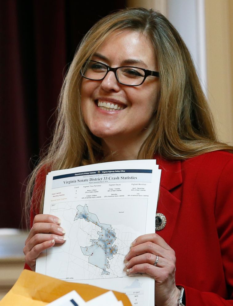 PHOTO: In this April 11, 2018, file photo, Virginia State Sen. Jennifer Wexton, D-Loudon, talks with colleagues during the Senate special budget session at the Capitol in Richmond, Va. U.S. Rep. 