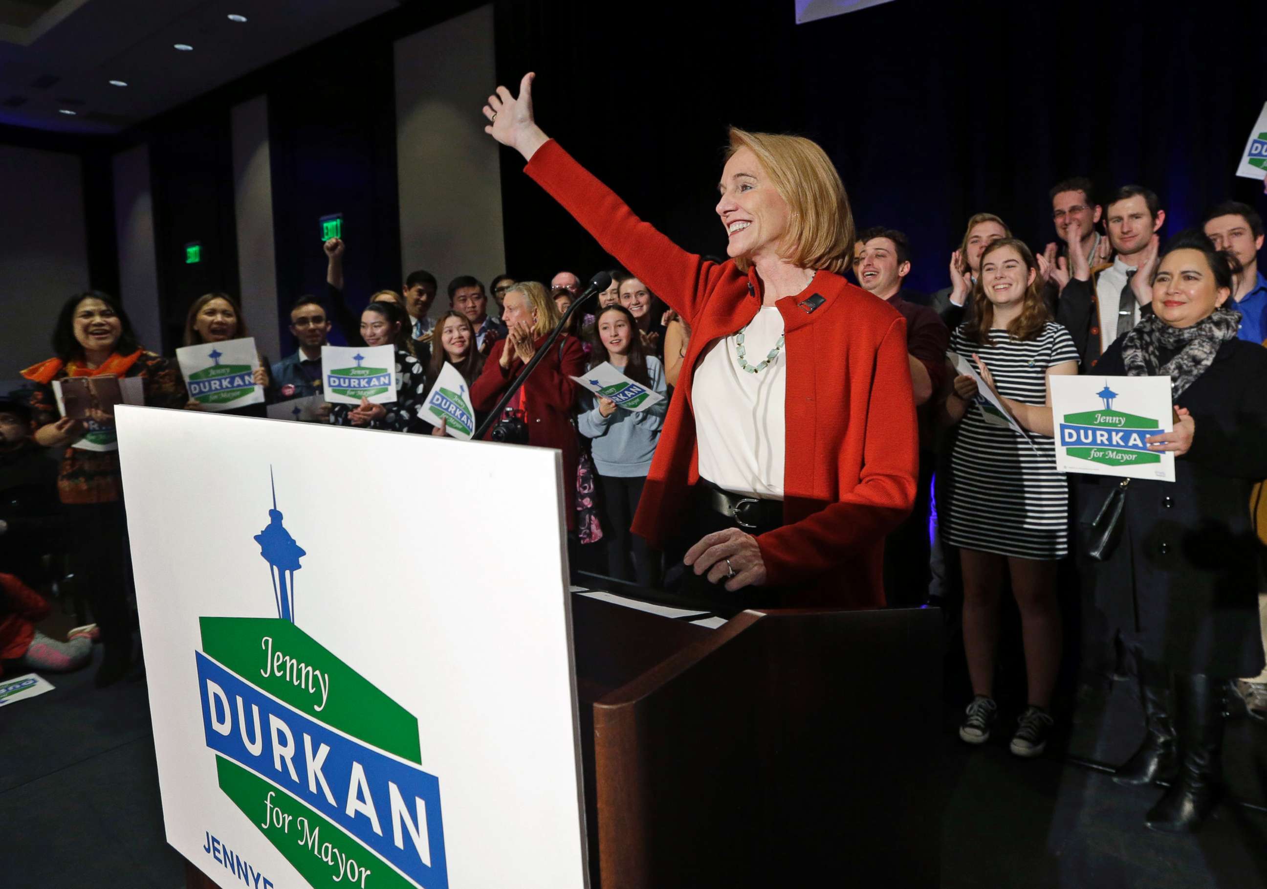 PHOTO: Seattle mayoral candidate Jenny Durkan concludes her remarks at an election night party, Nov. 7, 2017, in Seattle. Durkan won the election and will become Seattle's first openly lesbian mayor and the first female mayor in 90 years. 