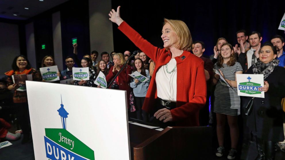 PHOTO: Seattle mayoral candidate Jenny Durkan concludes her remarks at an election night party, Nov. 7, 2017, in Seattle. Durkan won the election and will become Seattle's first openly lesbian mayor and the first female mayor in 90 years.