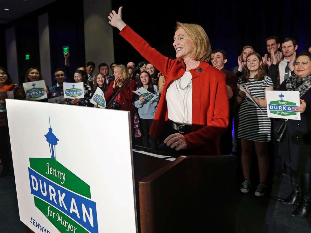PHOTO: Seattle mayoral candidate Jenny Durkan concludes her remarks at an election night party, Nov. 7, 2017, in Seattle. Durkan won the election and will become Seattles first openly lesbian mayor and the first female mayor in 90 years.