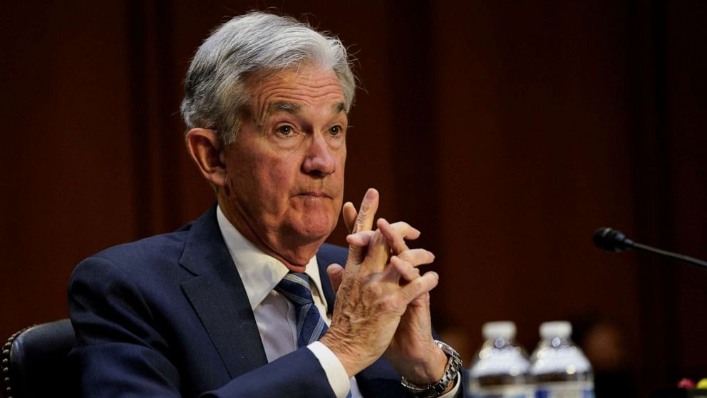 PHOTO: In this June 22, 2022, file photo, Federal Reserve Chair Jerome Powell reacts as he testifies before a Senate Banking, Housing, and Urban Affairs Committee hearing on Capitol Hill in Washington, D.C.