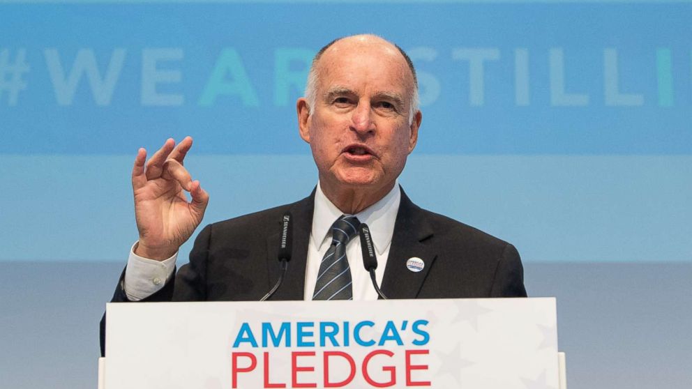 PHOTO: California Gov. Jerry Brown, talks during a discussion at the America's Pledge launch event at the U.S. "We Are Still In" pavilion at the COP 23 United Nations Climate Change Conference, Nov. 11, 2017 in Bonn, Germany. 