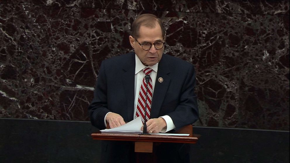 PHOTO: Jerry Nadler speaks on the Senate floor during the impeachment trial of President Donald Trump, Jan. 23, 2020, in Washington, DC.