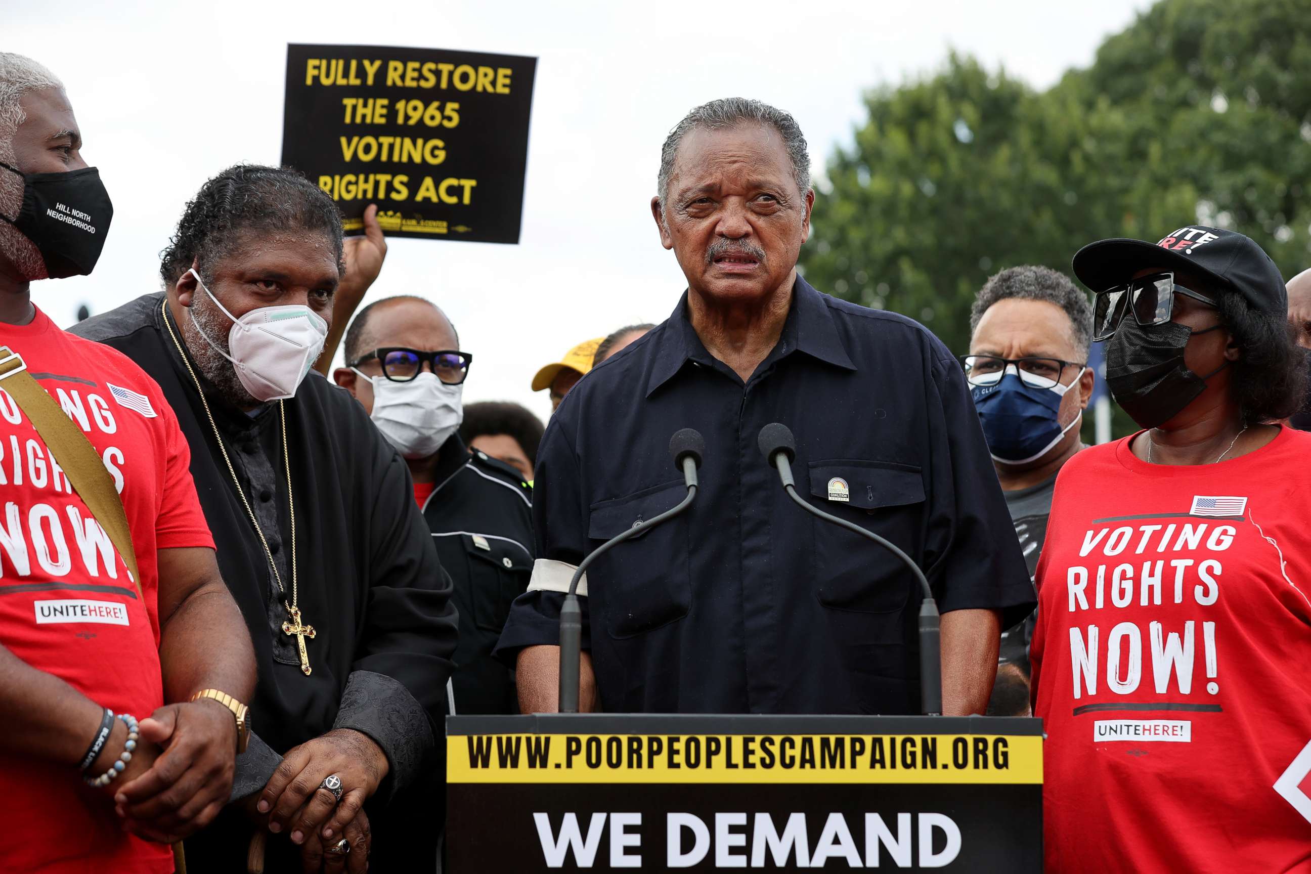 PHOTO: Civil Rights leader Rev. Jesse Jackson addresses hundreds of fellow protesters on Capitol Hill to demand stronger voting rights, an end to the filibuster, immigration reform, a $15 minimum wage on Aug. 2, 2021, in Washington, D.C.