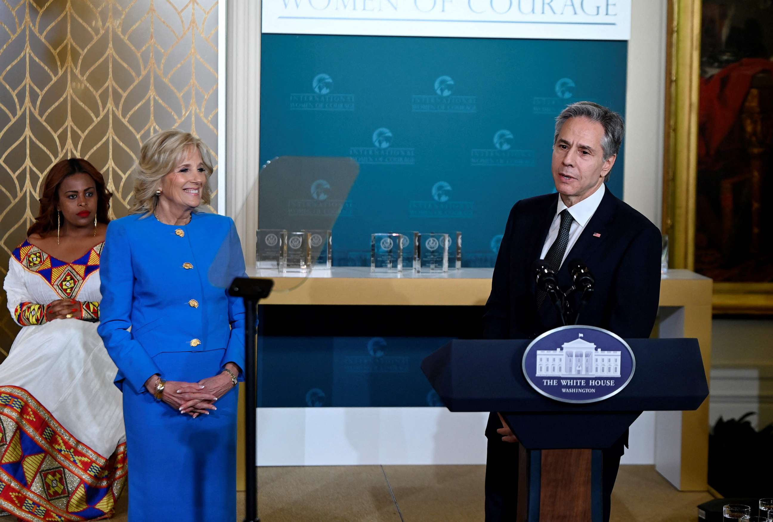 PHOTO: Secretary of State Antony Blinken and First Lady Jill Biden host the annual International Women of Courage (IWOC) Awards ceremony in the East Room of the White House, March 8, 2023.