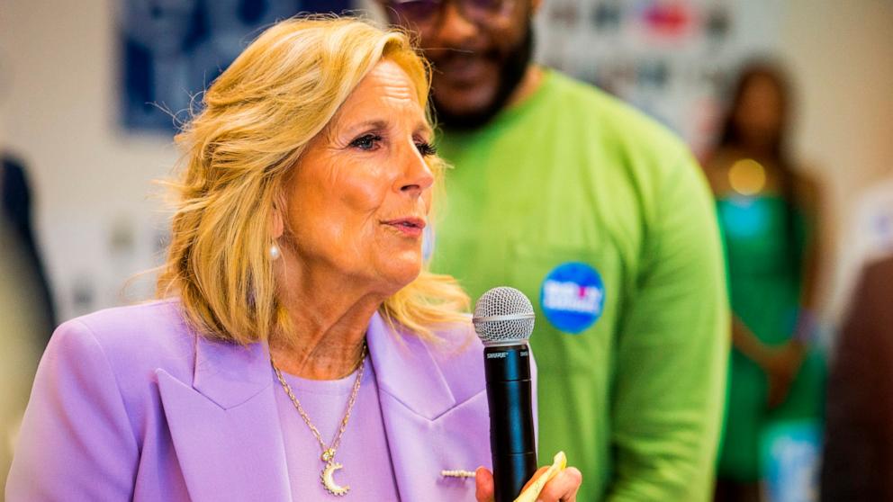 PHOTO: First lady Jill Biden speaks at the Virginia Beach Democratic Coordinated Campaign Office, June 27, 2024, in Virginia Beach, Va.