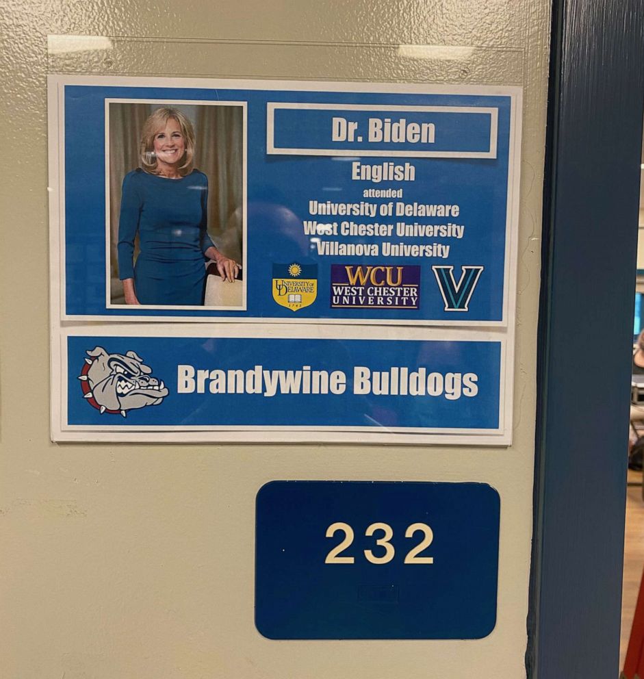 PHOTO: A sign is posted outside the classroom where Dr. Jill Biden taught English at Brandywine High School in Wilmington, Del., in an undated image released by Joe Biden's presidential campaign.