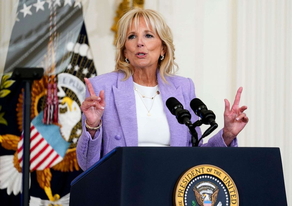FILE PHOTO: U.S. first lady Jill Biden speaks during the 2022 National and State Teachers of the Year event in the East Room of the White House in Washington, D.C., on April 27, 2022.