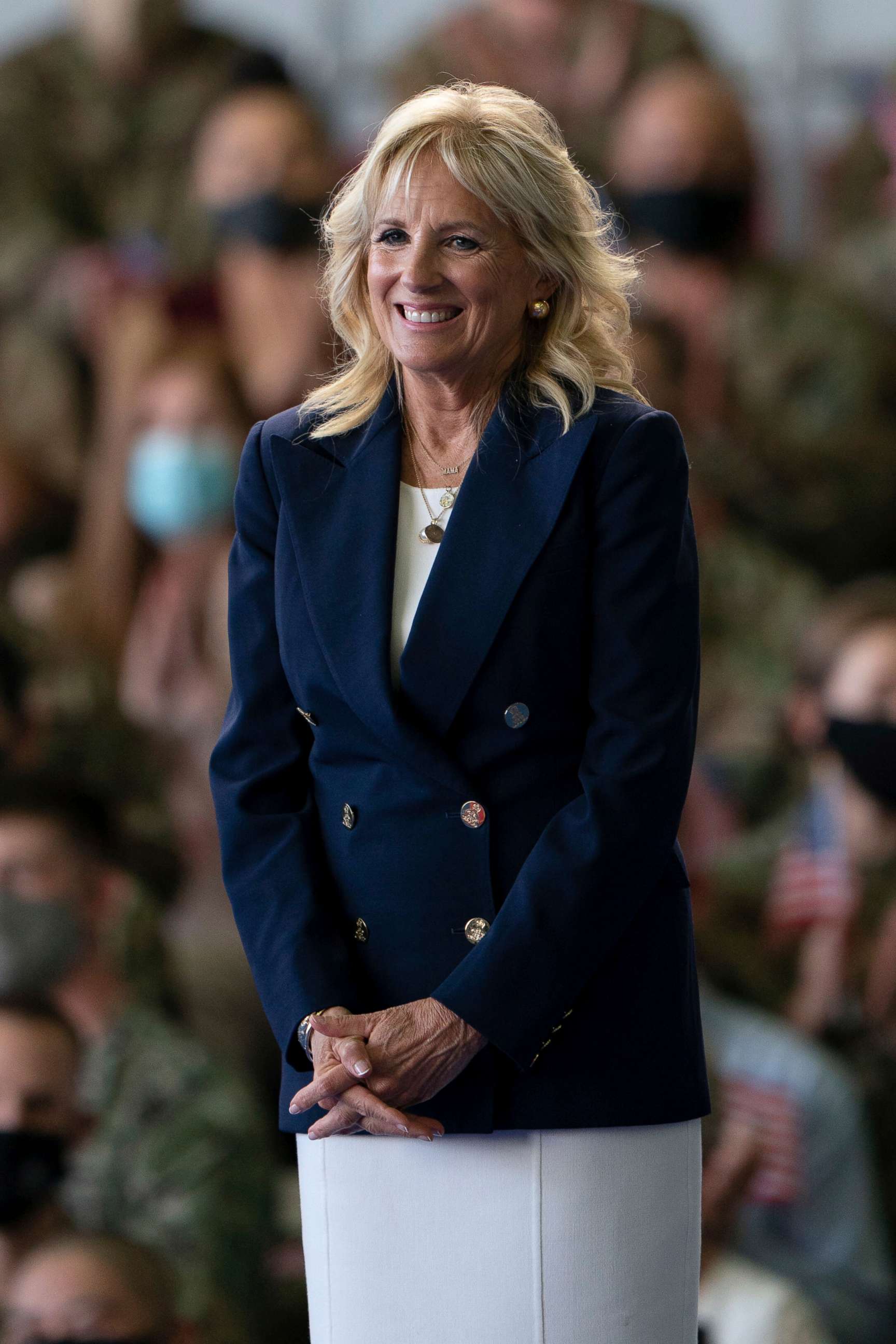 PHOTO: First lady Jill Biden addresses U.S. Air Force personnel at RAF Mildenhall in Suffolk, England, ahead of the G7 summit, June 9, 2021.