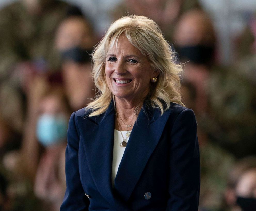PHOTO: First lady Jill Biden addresses U.S. Air Force personnel at RAF Mildenhall in Suffolk, England, ahead of the G7 summit, June 9, 2021.