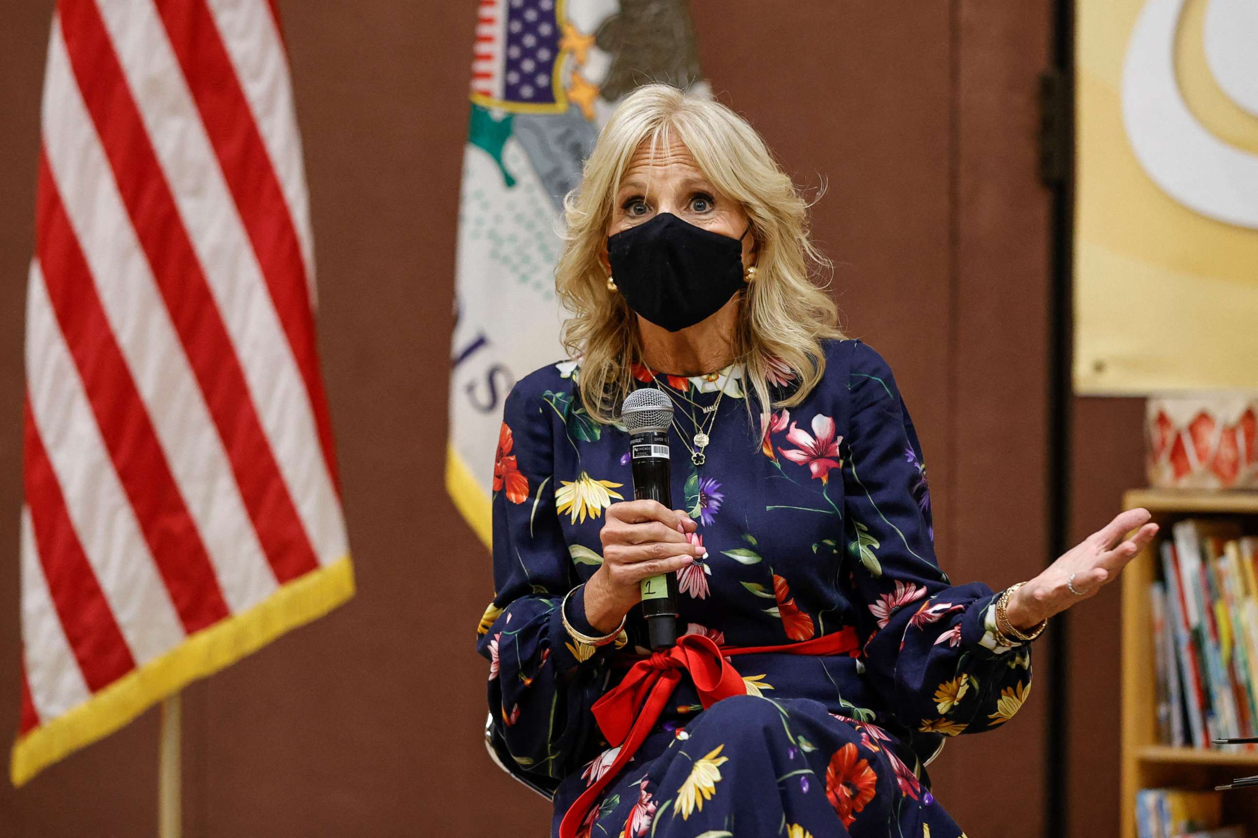 PHOTO: First lady Jill Biden speaks during a visit at the Arturo Velasquez Institute on Oct. 13 2021, in Chicago.