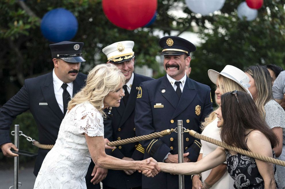 PHOTO: First Lady Jill Biden greets essential workers, military families and administration staff members who were invited to a Fourth of July event on the South Lawn of the White House in Washington, D.C., July 4, 2021.