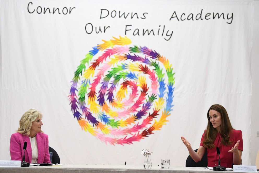 PHOTO: First lady Jill Biden and Britain's Catherine, Duchess of Cambridge take part in a round table discussion during her visit to Connor Downs Academy in Hayle, Cornwall on the sidelines of the G7 summit, June 11, 2021.