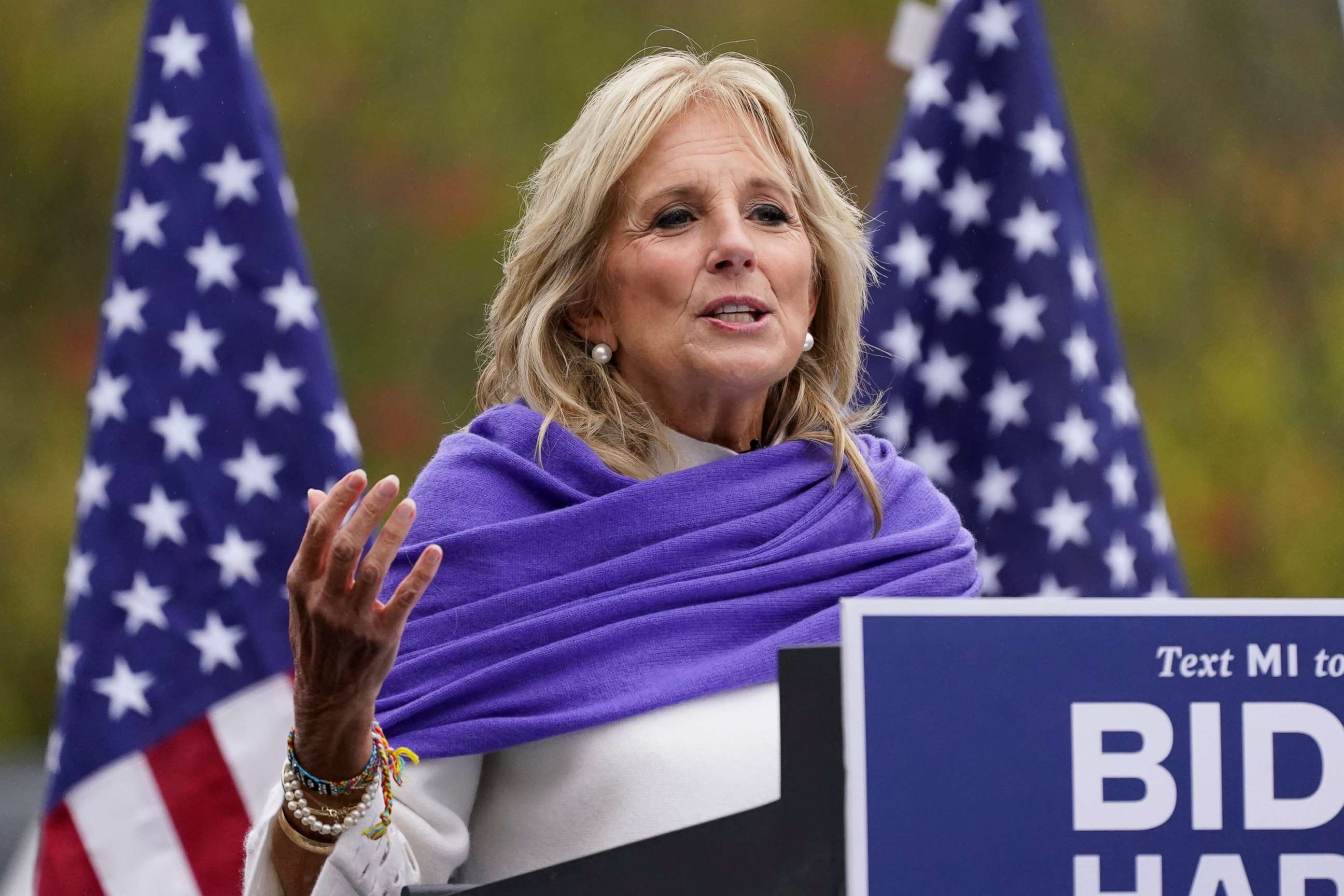 PHOTO: Jill Biden speaks to supporters while campaigning for her husband Democratic presidential candidate former Vice President Joe Biden, Oct. 29, 2020, in Westland, Mich.