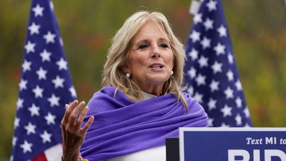 PHOTO: Jill Biden speaks to supporters while campaigning for her husband Democratic presidential candidate former Vice President Joe Biden, Oct. 29, 2020, in Westland, Mich.
