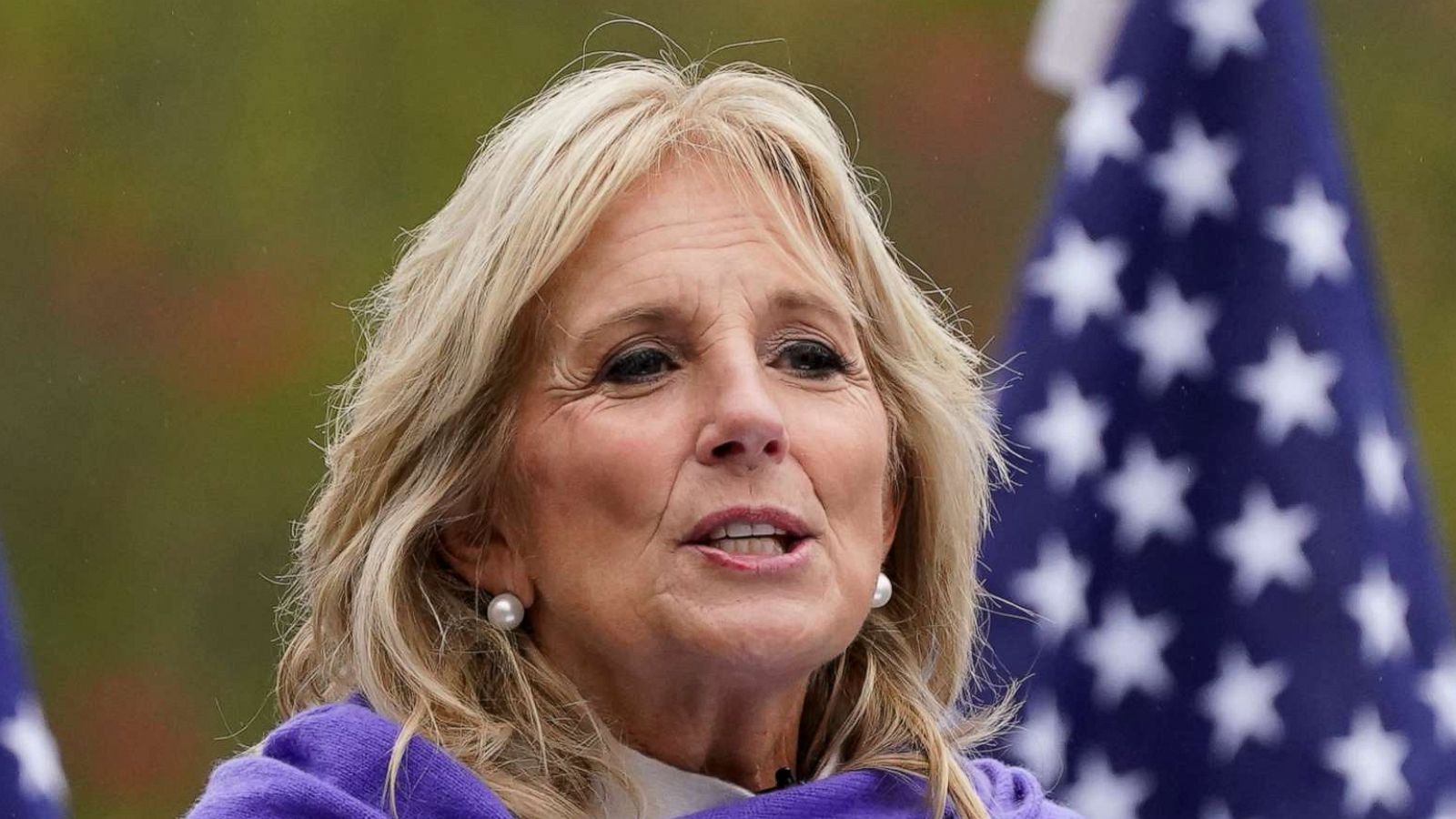 PHOTO: Jill Biden speaks to supporters while campaigning for her husband Democratic presidential candidate former Vice President Joe Biden, Oct. 29, 2020, in Westland, Mich.