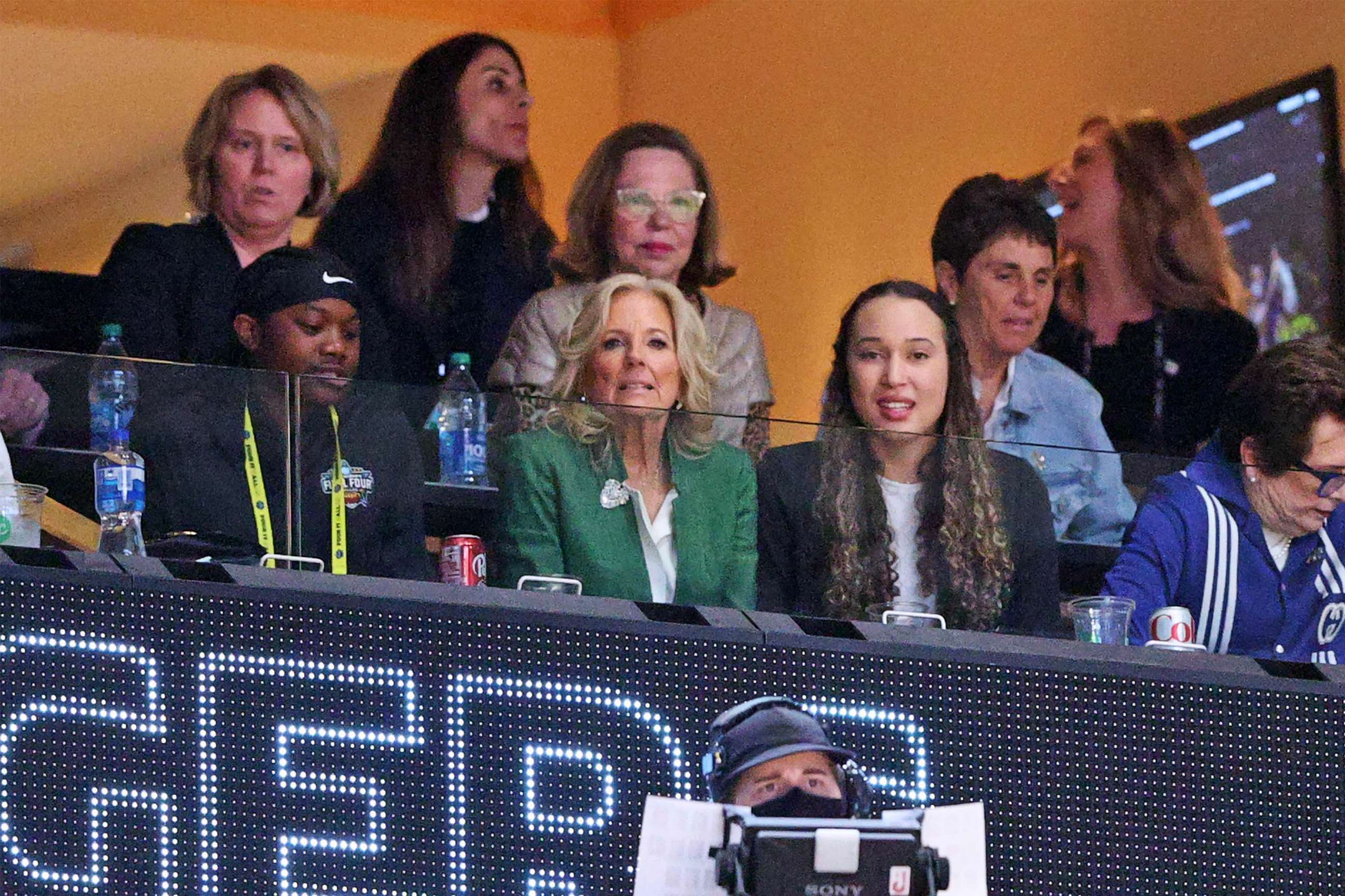 PHOTO: First Lady Jill Biden is seen prior to the game between the LSU Lady Tigers and Iowa Hawkeyes during the 2023 NCAA Women's Basketball Tournament championship game at American Airlines Center, April 02, 2023 in Dallas.