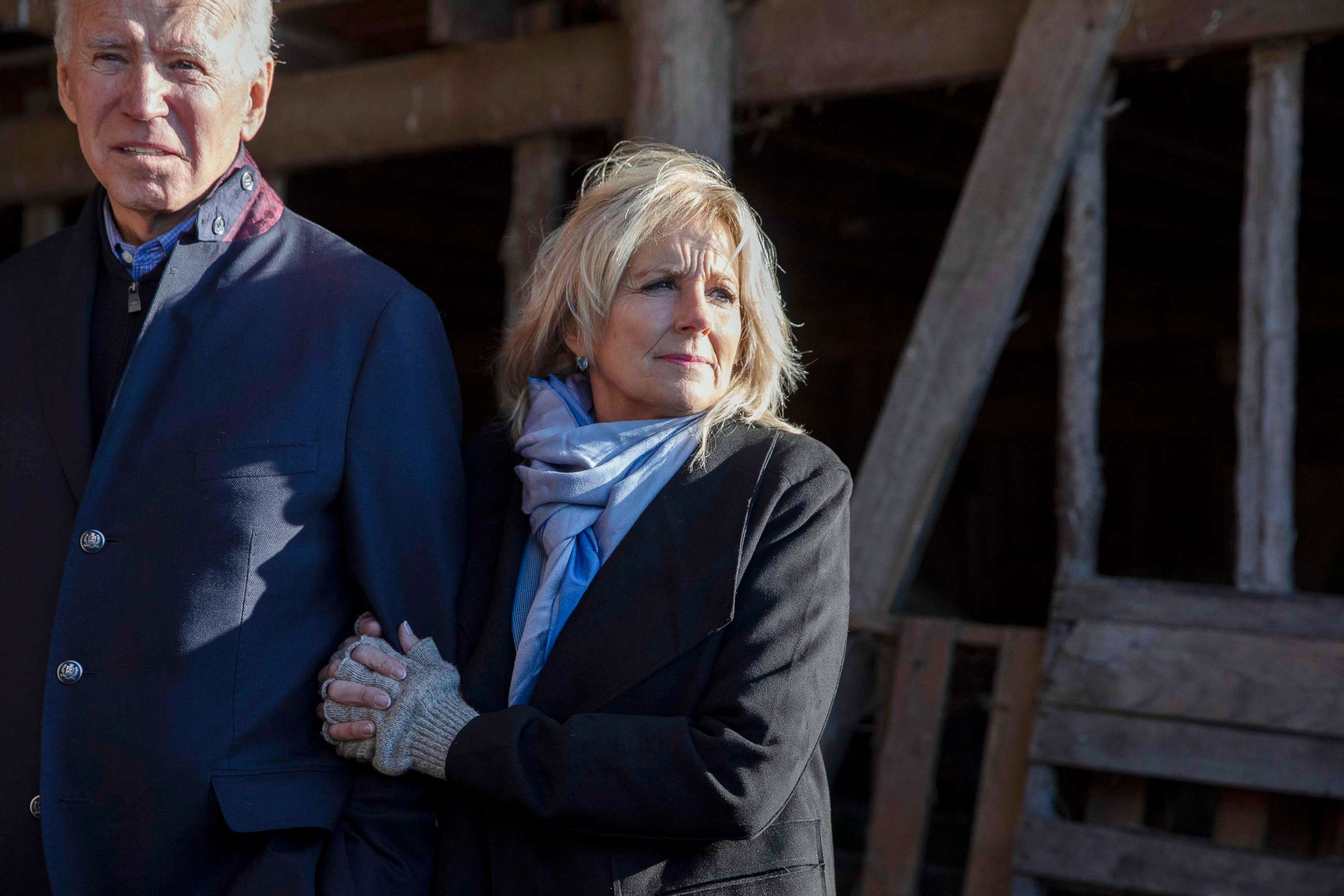 PHOTO: Jill Biden campaigns with her husband Joe Biden at a farm in Lacona, Iowa, Nov. 23, 2019.