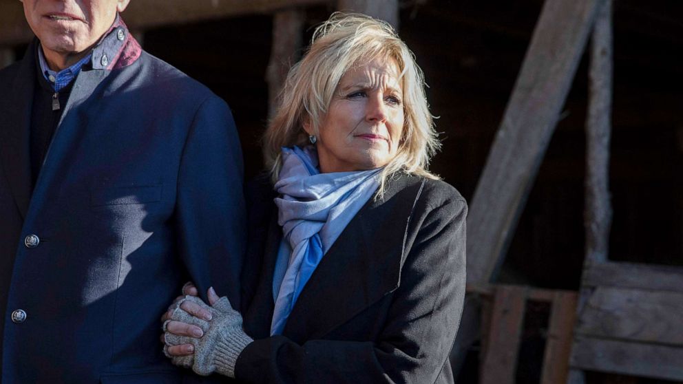 PHOTO: Jill Biden campaigns with her husband Joe Biden at a farm in Lacona, Iowa, Nov. 23, 2019.
