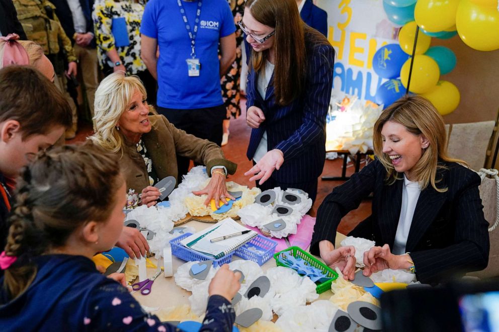 PHOTO: First lady Jill Biden and Olena Zelenska, wife of Ukraine's President Volodymyr Zelenskiy, join a group of children, who live at School 6, in making tissue-paper bears to give as Mother's Day gifts, in Uzhhorod, Ukraine, May 8, 2022.