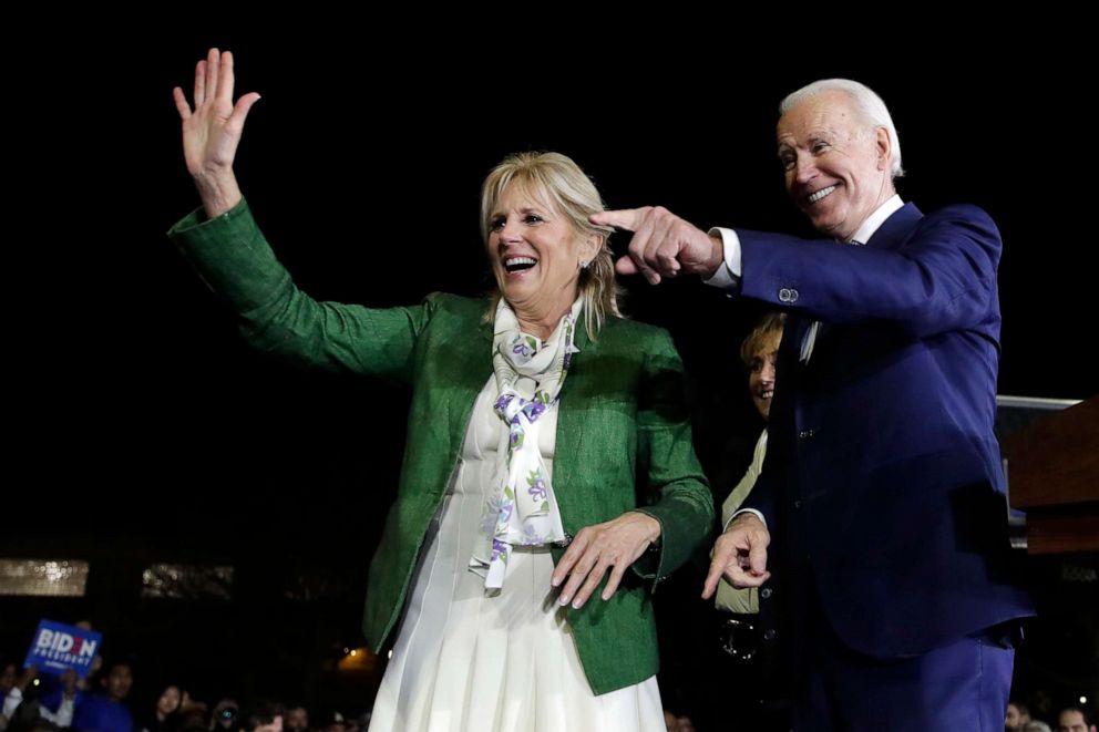 PHOTO: Democratic presidential candidate former Vice President Joe Biden and his wife Jill attend a primary election night rally on Super Tuesday, March 3, 2020, in Los Angeles.