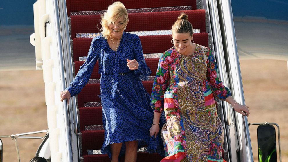 PHOTO: US First Lady Jill Biden and her granddaughter Naomi Biden disembarks the plane upon their arrival at the Jomo Kenyatta International Airport in Nairobi, Feb. 24, 2023.