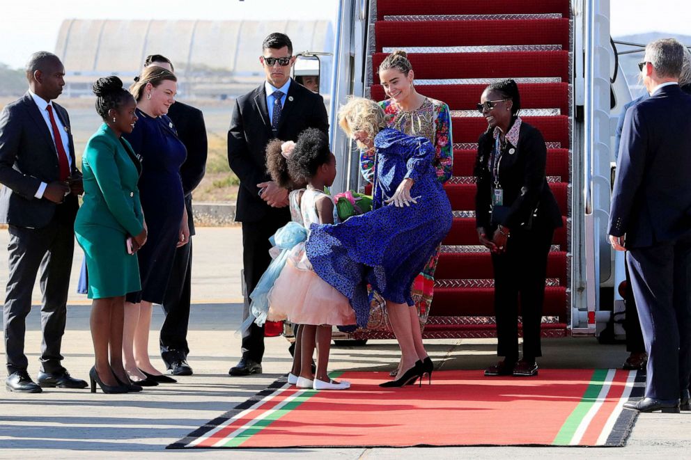 PHOTO: U.S. first lady Jill Biden and Naomi Biden are greeted, during the second leg of the first lady's African visit, at the Jomo Kenyatta International Airport in Nairobi, Kenya, Feb. 24, 2023.