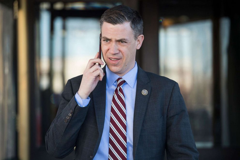 PHOTO: Rep. Jim Banks, R-ind., leaves a meeting of the House Republican Conference at the Capitol Hill Club, March 8, 2017.